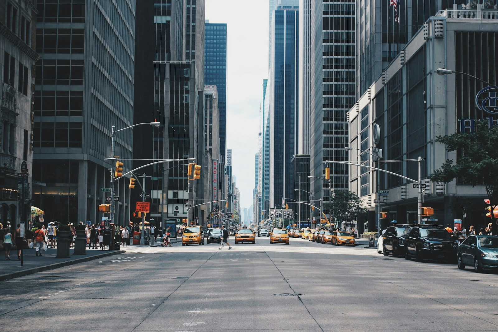 Urban avenue and city buildings under a hazy sky